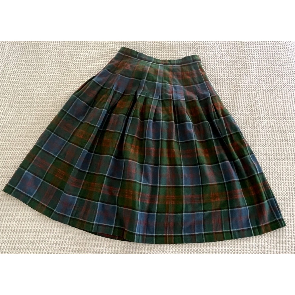 PITLOCHRY Scotland Pure Wool Pleated Tartan Skirt Lined Kilt Green Blue VTG 16